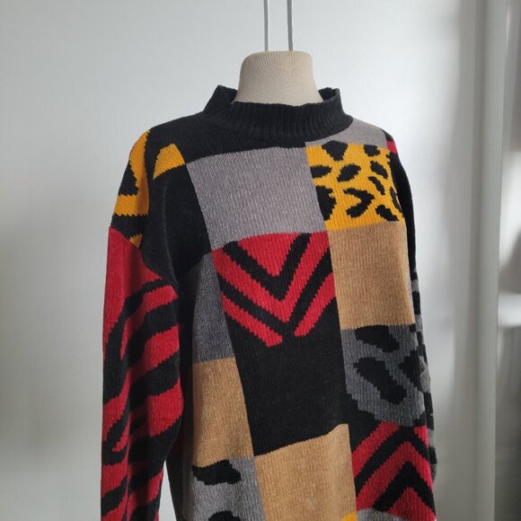 Imagio Unisex Tri-color Block Fleece High Collar Sweater (Size: Medium) - Picture 5 of 13